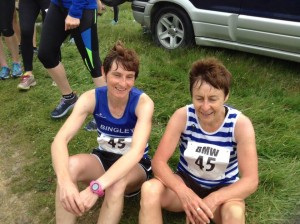 Lesley & Mary take a well deserved sit down after Leg 1.  Lesley  noted  ‘ I love the relays as they are fun, you meet new people and the reccies are a laugh. I had an amazing partner who gave her all on a very tough uphill run’.  Photo – Barbara Carney.